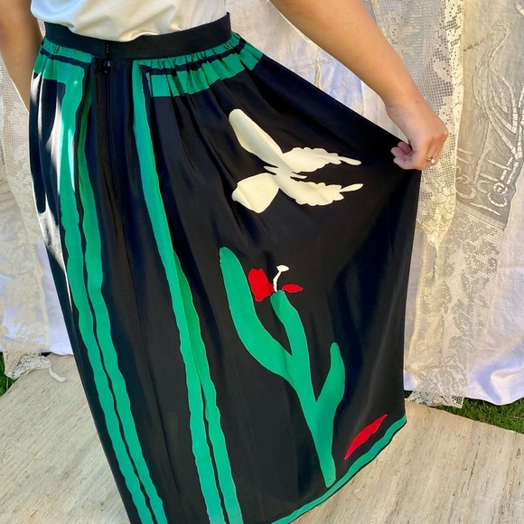 Vintage Silky Floral Tulips Butterfly Long Skirt - Picture 6 of 13